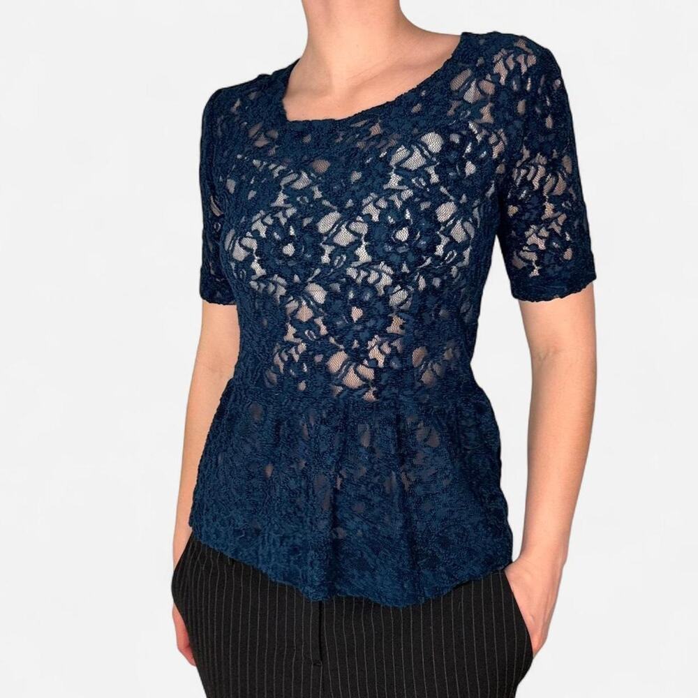 Blue lace sheer peplum top short sleeves - size XS from forever 21